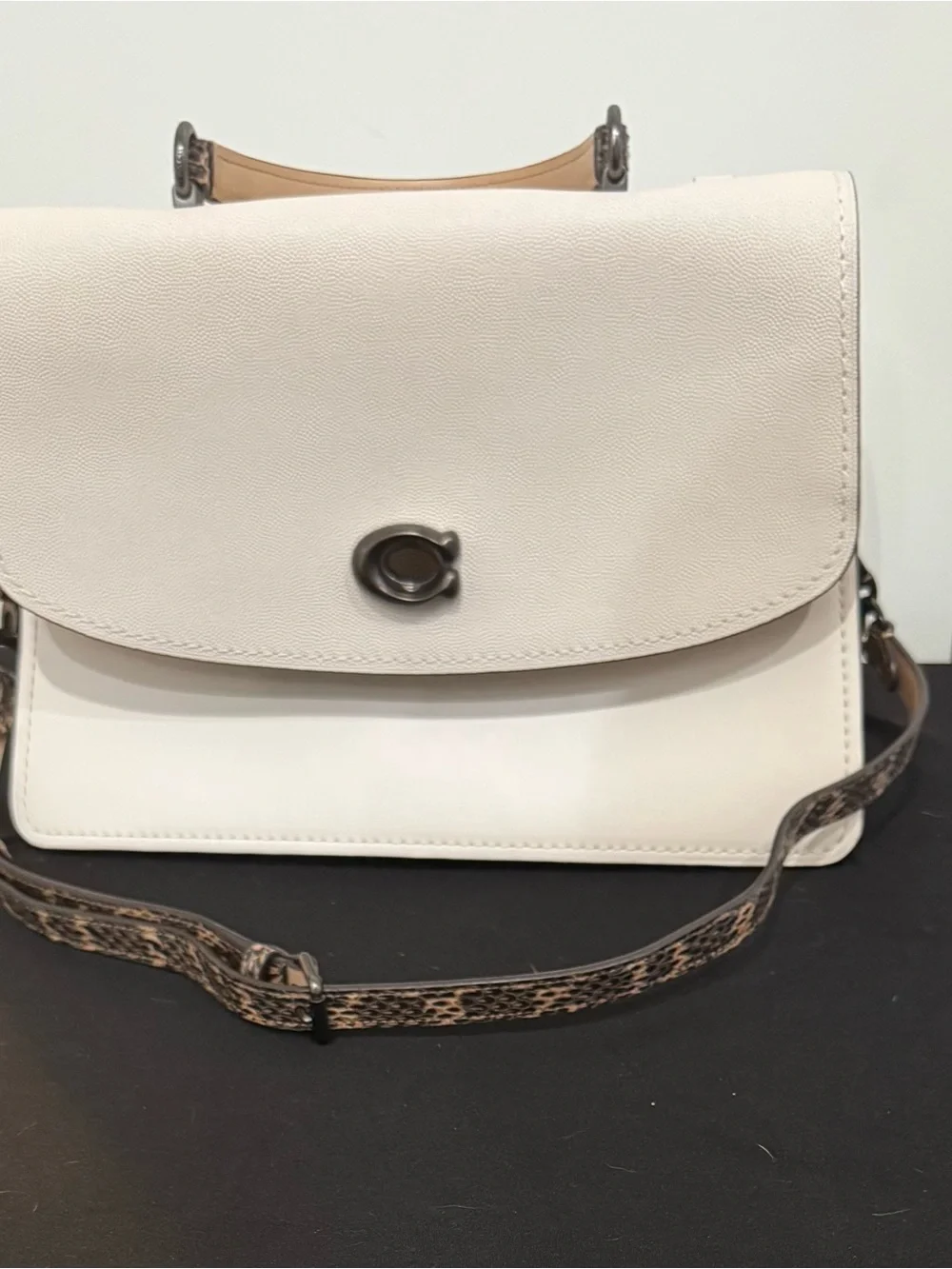 Coach  Parker Top Handle Handbag Ivory Pebbled Leather Faux Snake Shoulder Strap